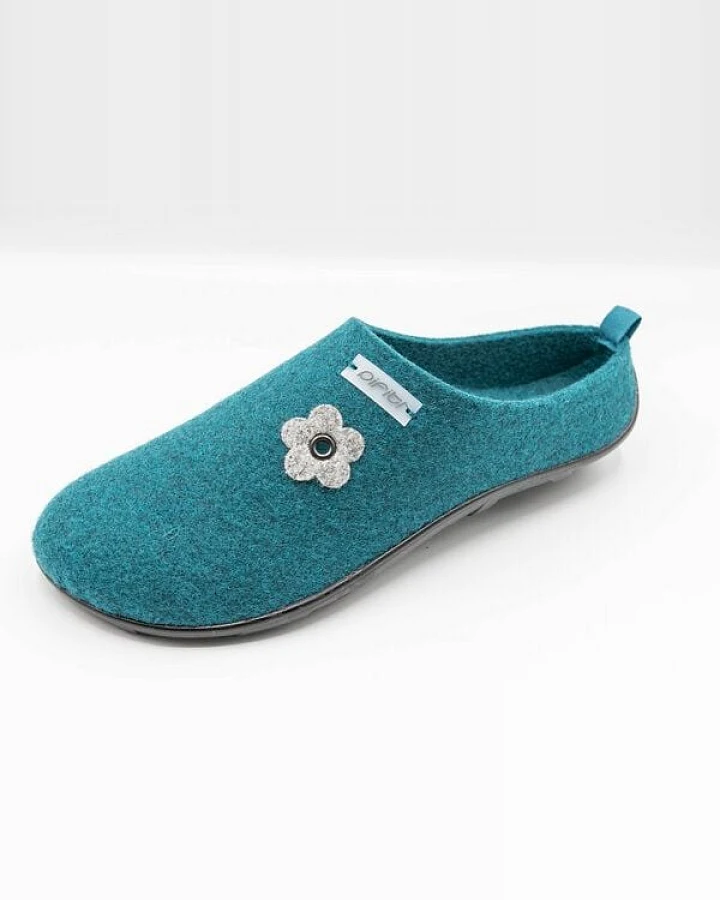 Pantoffel seasonal (Flower) mit Barfußgefühl pifit! aus hochwertigem Wollfilz, petrol, 32102-2