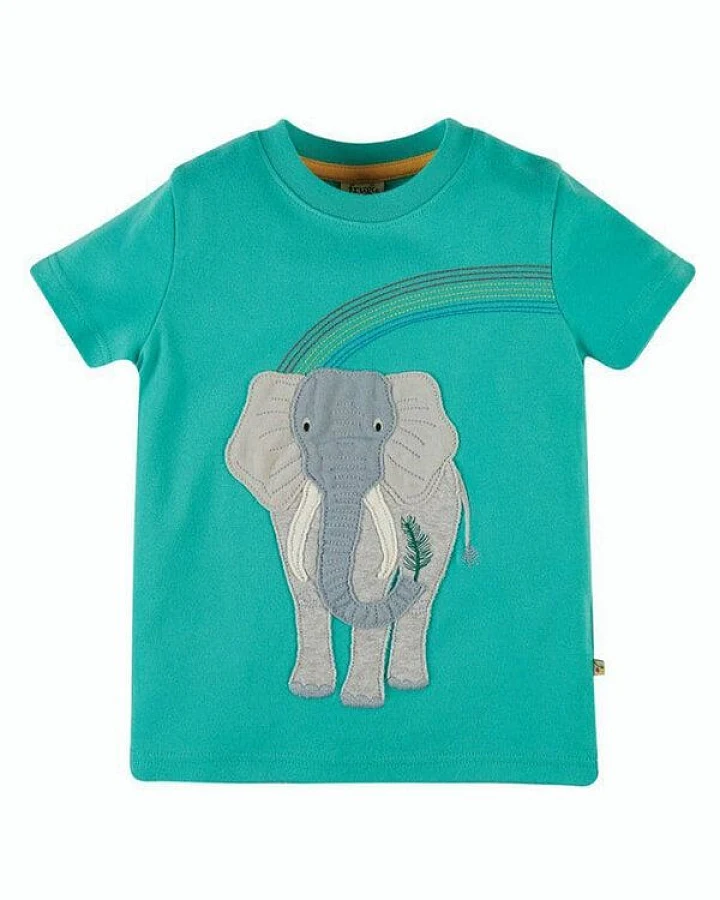 Frugi T-Shirt Elefant in Pazifik-grün Carsen Applique T-Shirt