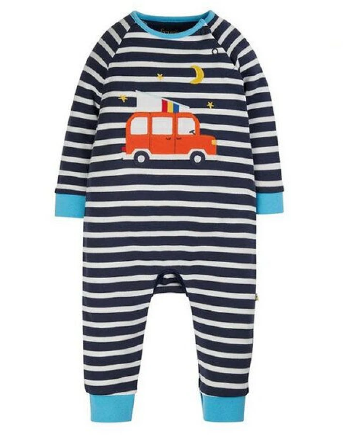 Frugi Strampler Remy Camper blau-weiß gestreift Schlafanzug