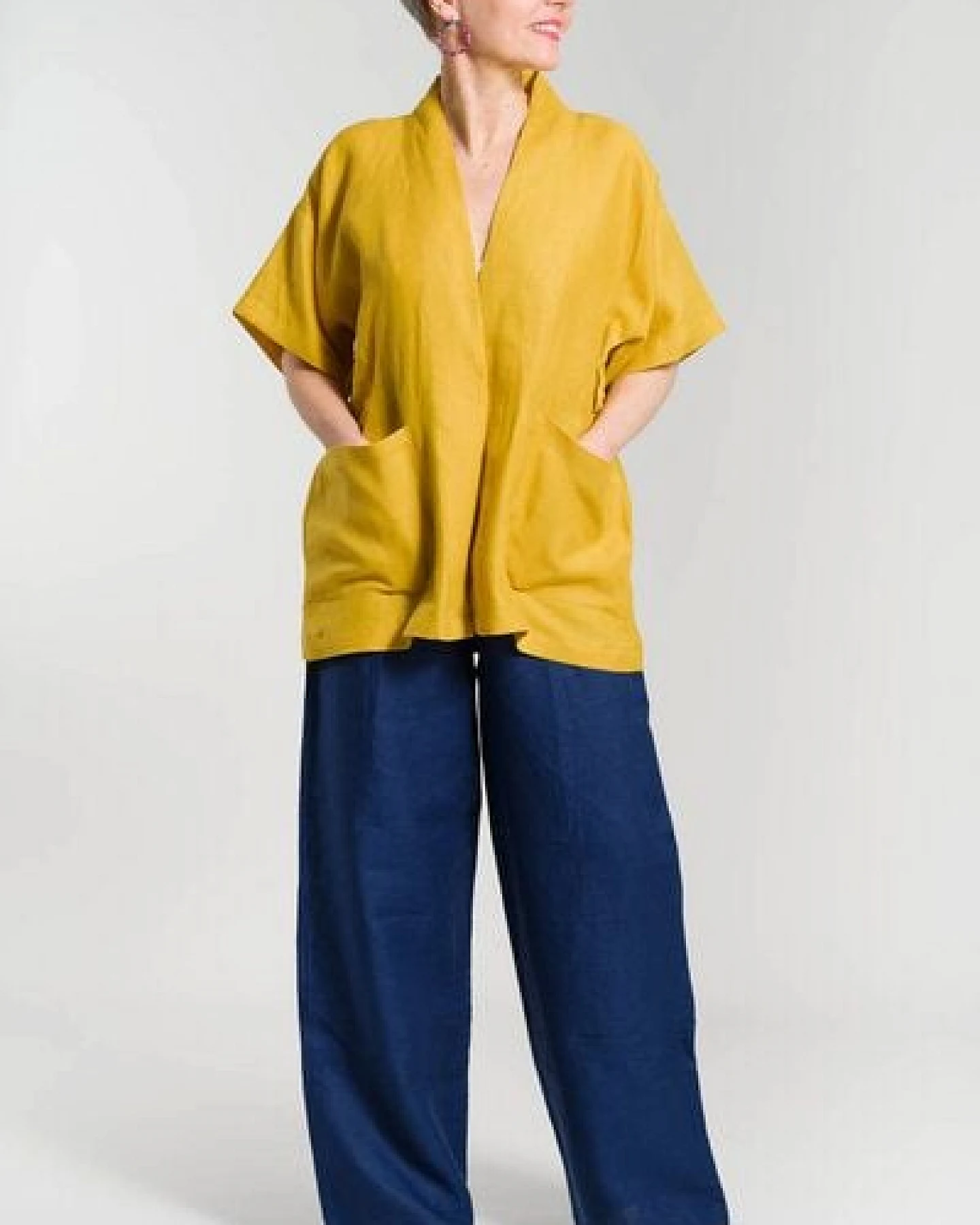 Nevice Gelber kurzer Kimono aus Leinen – Ansicht 2