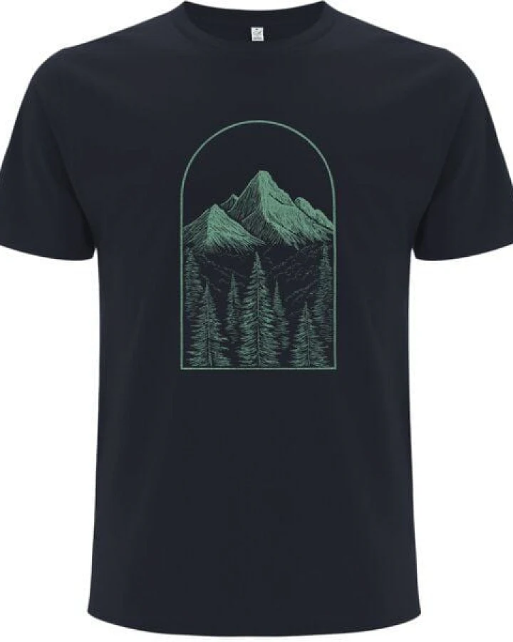 Spreecult LineArt Nadelwald - Bio und Fair - Männer Unisex T-Shirt - Line Art Wald Berge