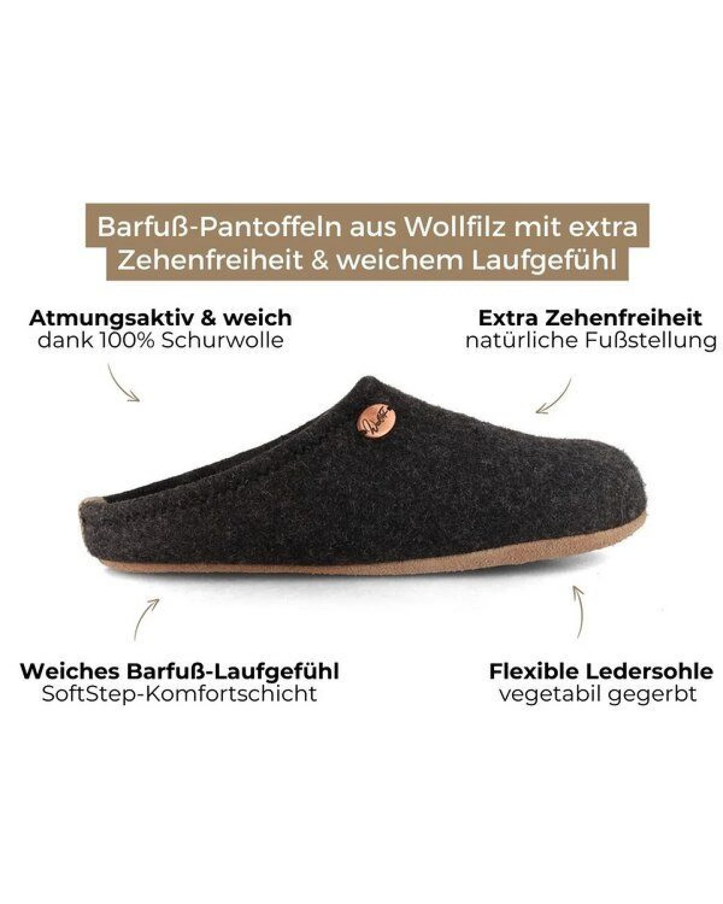 WoolFit Barefoot Barfuß-Hausschuhe unisex Filz-Pantoffeln mit viel Zehenfreiheit, nachhaltig aus 100% Wolle – Ansicht 3