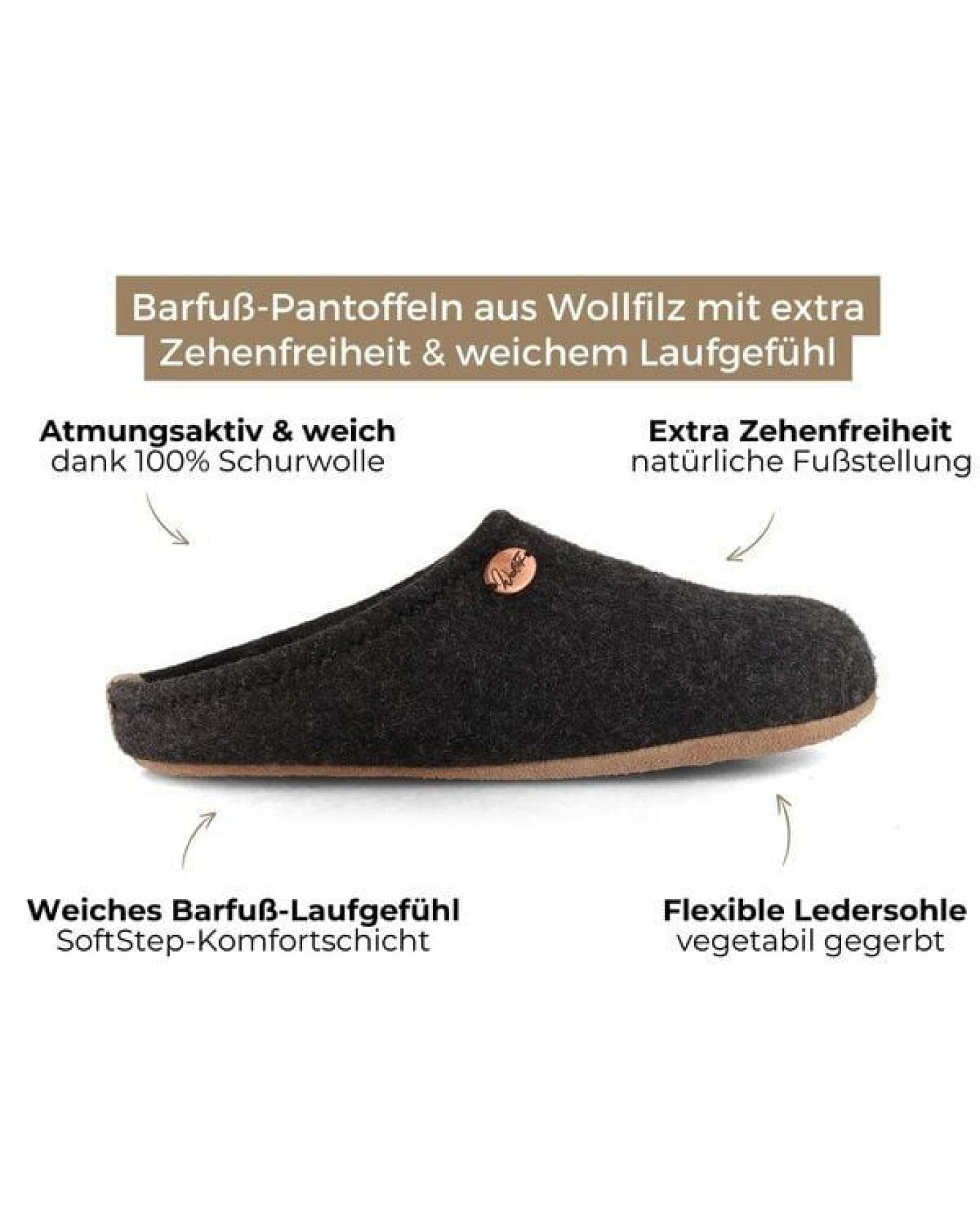 WoolFit Barefoot Barfuß-Hausschuhe unisex Filz-Pantoffeln mit viel Zehenfreiheit, nachhaltig aus 100% Wolle – Ansicht 3