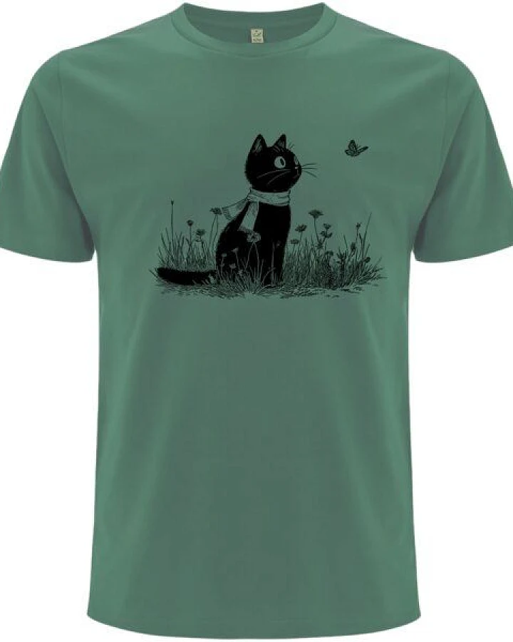 Spreecult Katze und Schmetterling - Bio und Fair - Männer Unisex T-Shirt - Butterfly Cat