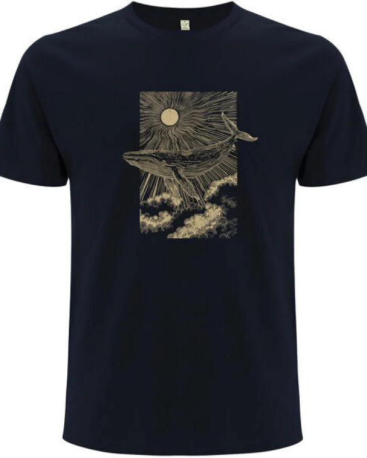 Spreecult LineArt - Sonne Wal - Bio und Fair - Männer Unisex T-Shirt - whale in the sky