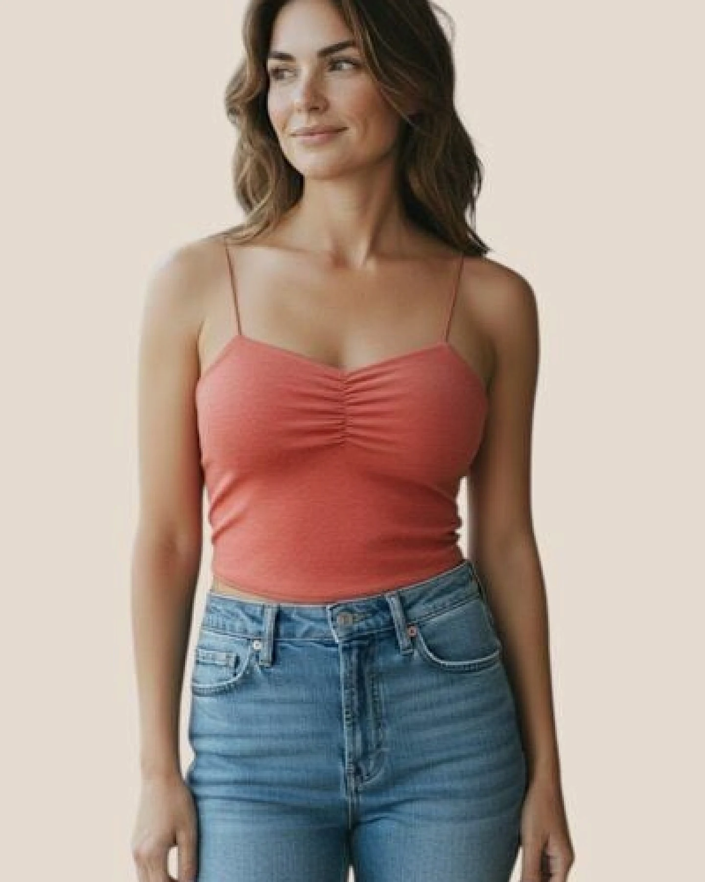 körber mode Spaghetti Top mit Raffung feminin aus Merinowolle & Modal, rot meliert – Ansicht 2
