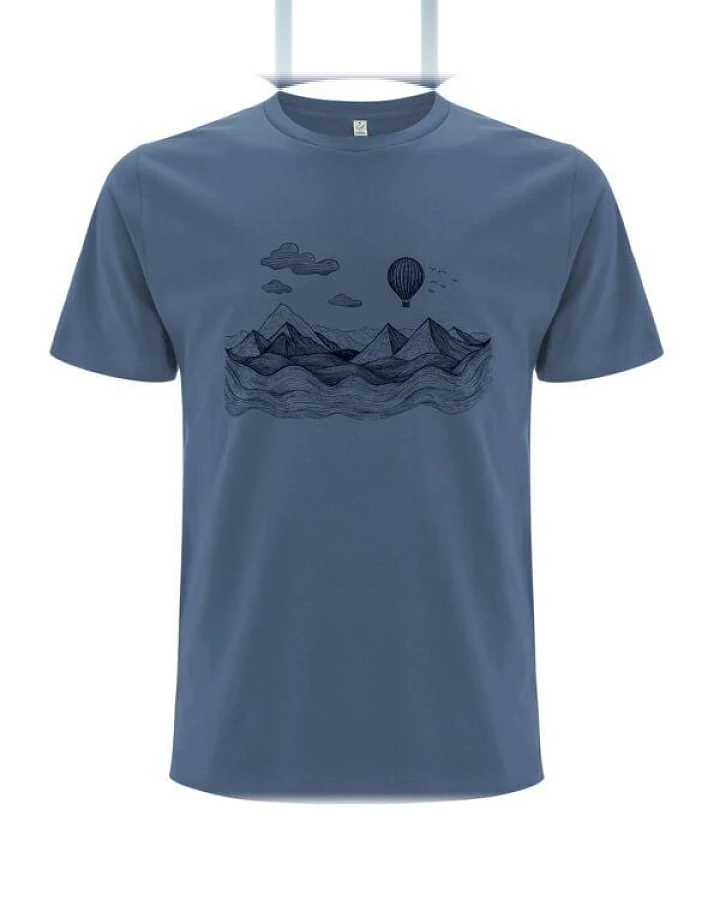 Spreecult LineArt Ballon- Bio und Fair - Männer Unisex T-Shirt - Line Art Heißluftballon Berge