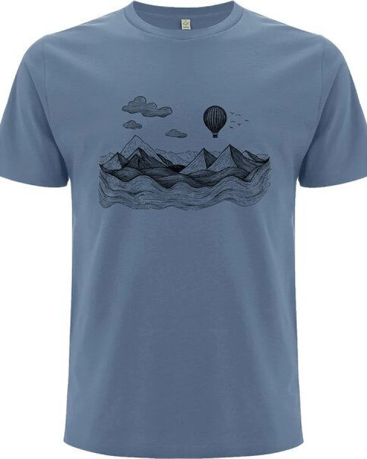 Spreecult LineArt Ballon- Bio und Fair - Männer Unisex T-Shirt - Line Art Heißluftballon Berge