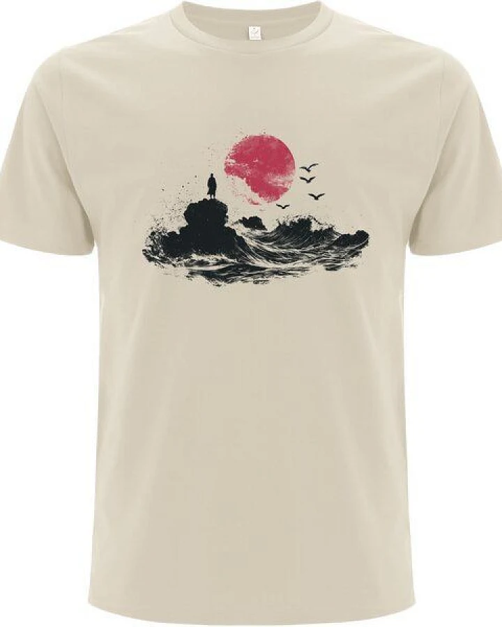 Spreecult Japan Sonne - Bio und Fair - Männer Unisex T-Shirt - Sonne Wellen Felsen