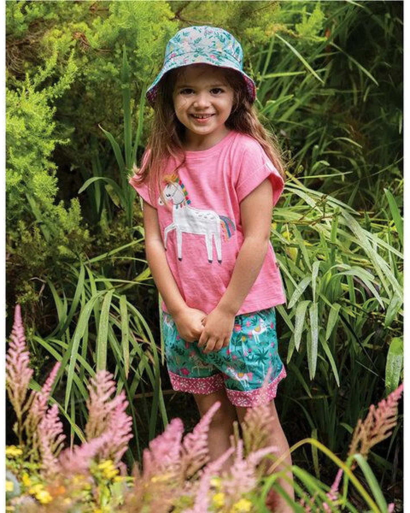 Frugi 2-in-1 WendeShorts Pferde in petrol-pink Seren Reversible Shorts Aqua Indian Horse – Ansicht 3
