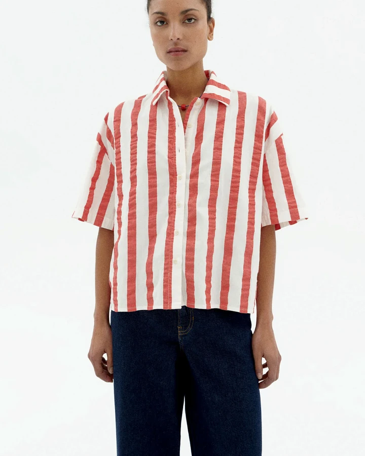 Thinking MU Damen vegan Bluse Seersucker Anna Gestreift Rot