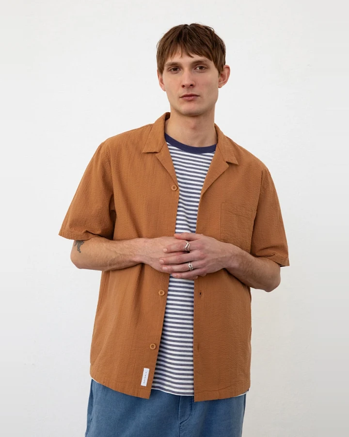 Rotholz Herren vegan Hemd Seersucker Bowling Karamell