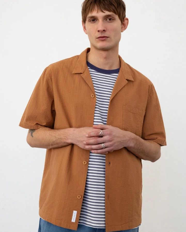 Rotholz Herren vegan Hemd Seersucker Bowling Karamell