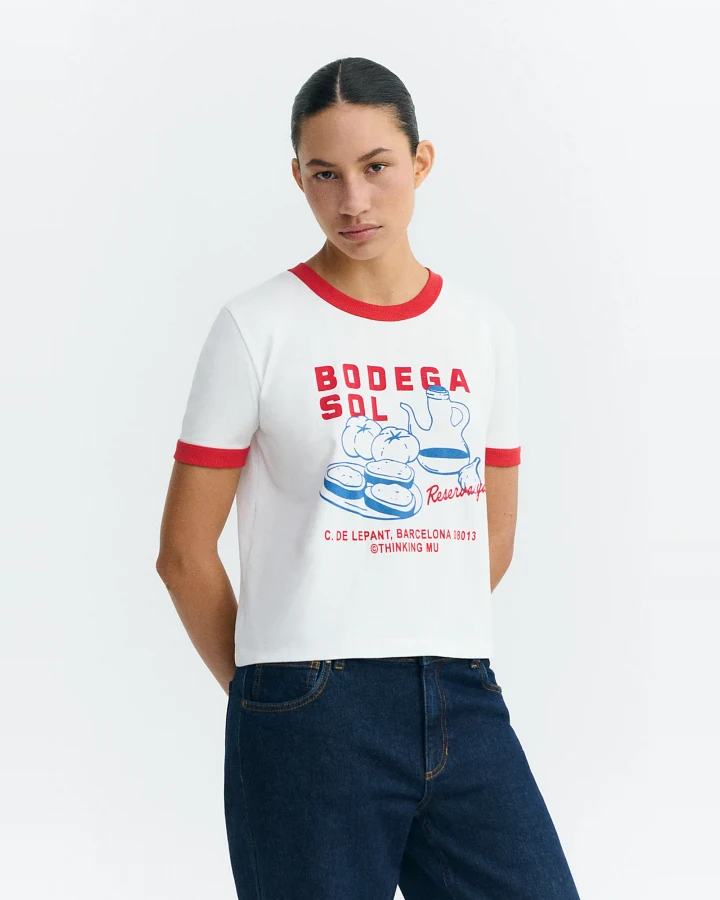 Thinking MU Damen vegan T-Shirt Zowie R Weingut Kontrast Rot/ Weiß