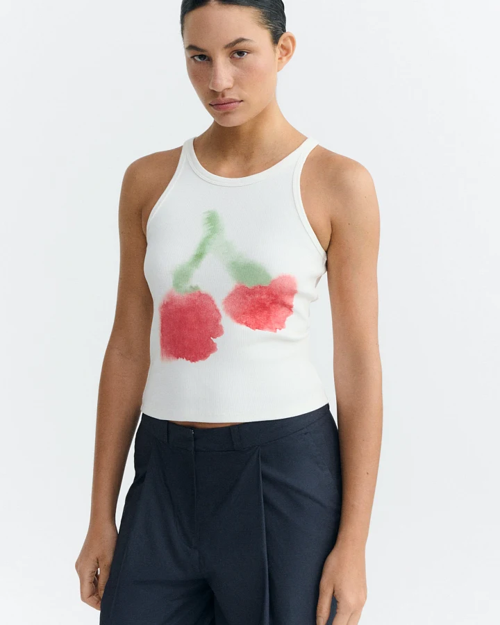 Thinking MU Damen vegan Top Halter Blurry Cherry Harriet Weiß