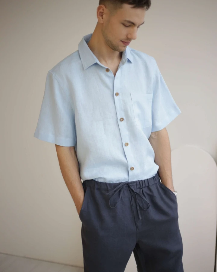 Amber Linen Herren vegan Hemd Cuba Himmelblau