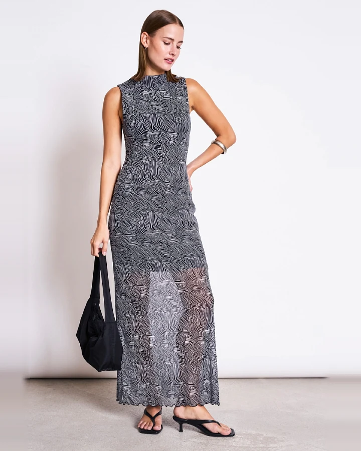 JAN 'N JUNE Damen vegan Maxikleid Mesh Culex Zebra Print