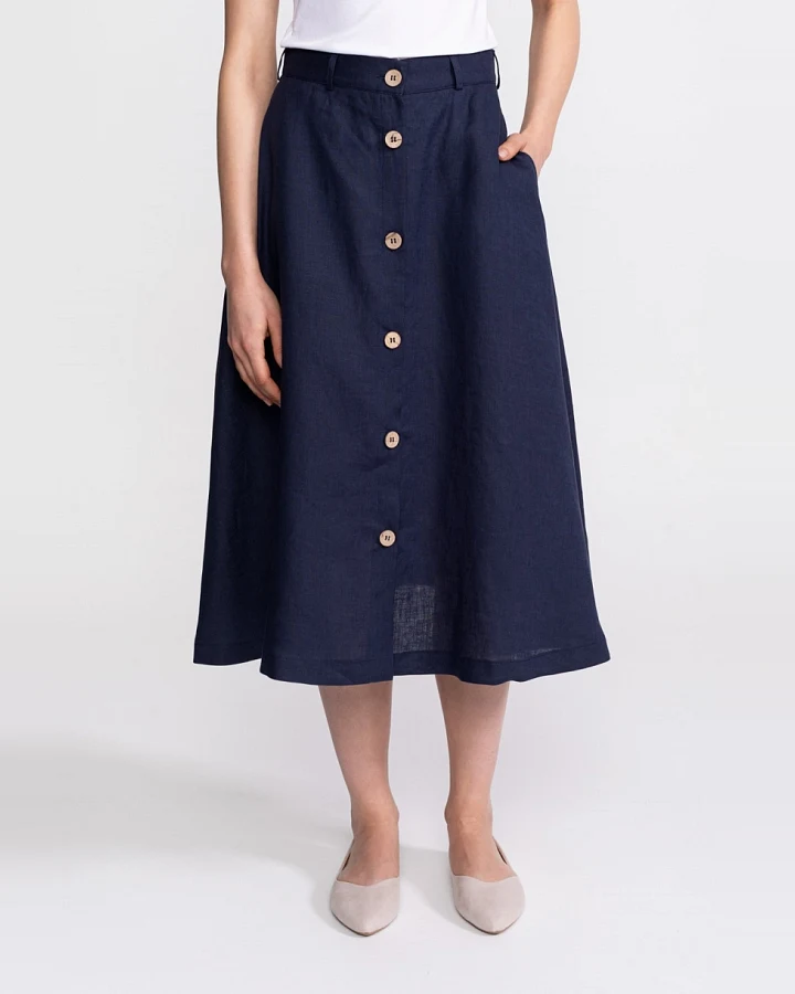 De IONESCU Damen vegan Midirock Leinen Marineblau
