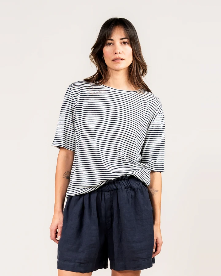 Kuyichi Damen vegan T-Shirt Olivia Gestreift Mitternachtsblau