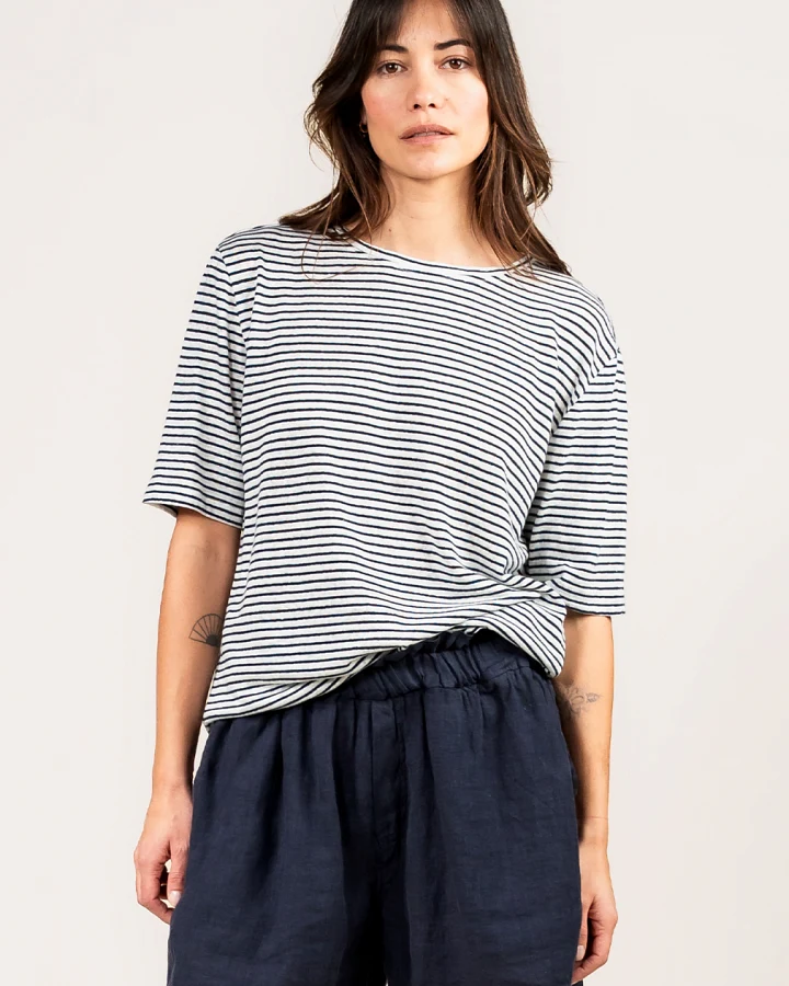 Kuyichi Damen vegan T-Shirt Olivia Gestreift Mitternachtsblau