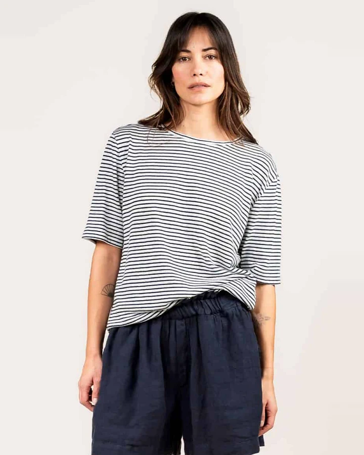 Kuyichi Damen vegan T-Shirt Olivia Weiß/Marineblau