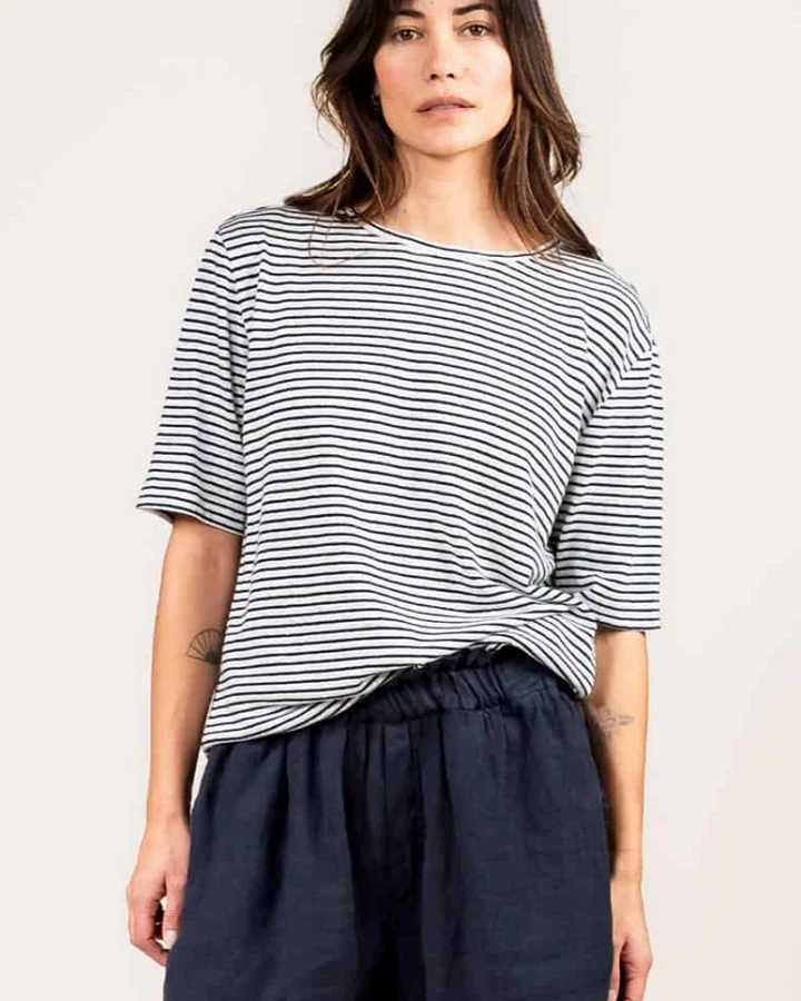 Kuyichi Damen vegan T-Shirt Olivia Weiß/Marineblau