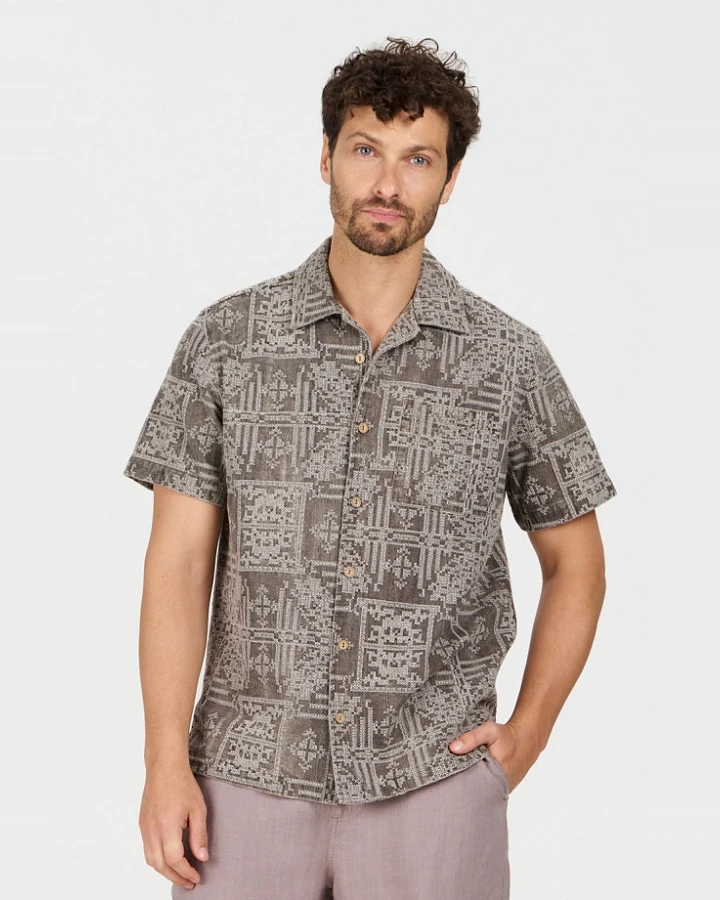 KOMODO Herren vegan Hemd Spindrift Bestickter Pilz Beige/Braun