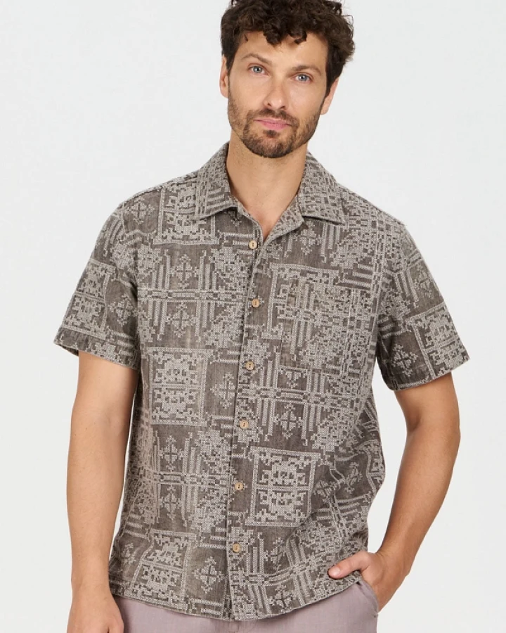KOMODO Herren vegan Hemd Spindrift Bestickter Pilz Beige/Braun