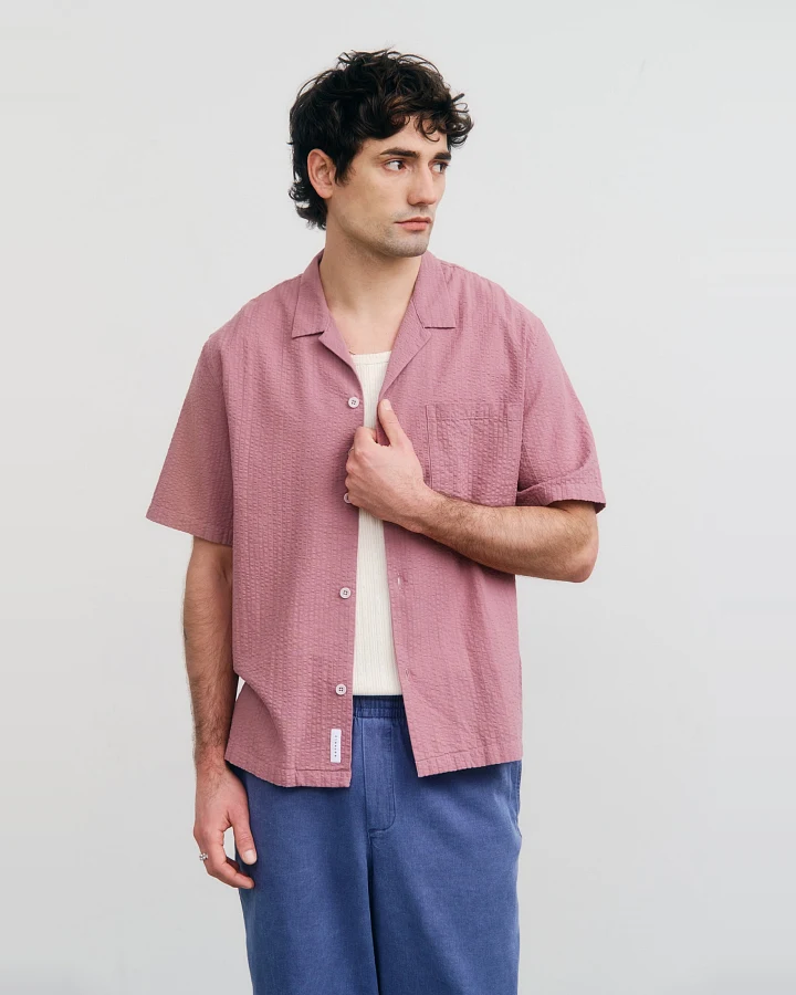 Rotholz Herren vegan Hemd Seersucker Bowling Pink
