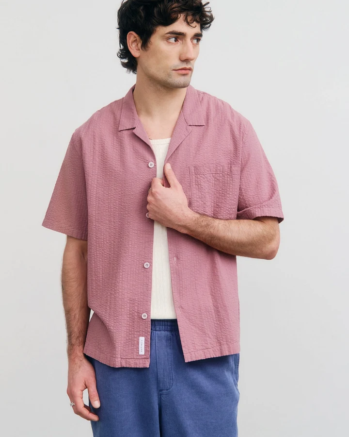 Rotholz Herren vegan Hemd Seersucker Bowling Pink