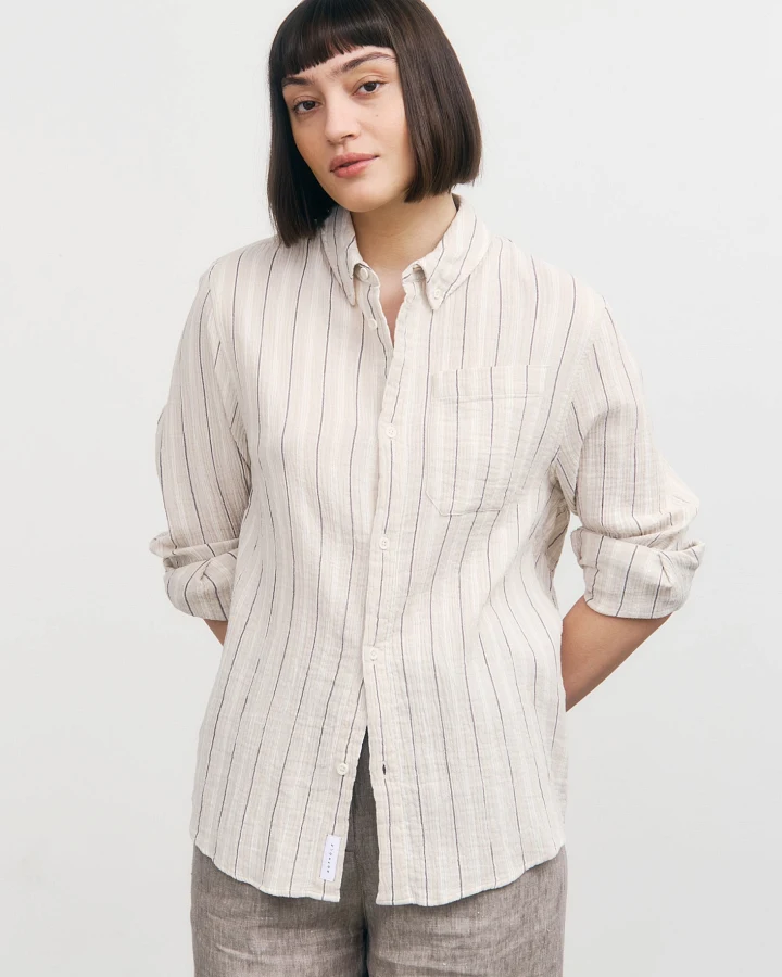 Rotholz Damen vegan Hemd Musselin Beige Gestreift