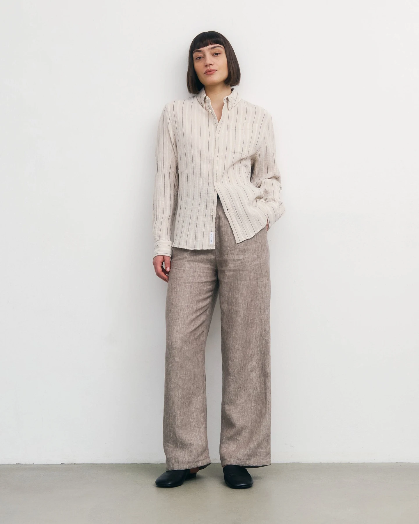 Rotholz Damen vegan Hemd Musselin Beige Gestreift – Ansicht 2