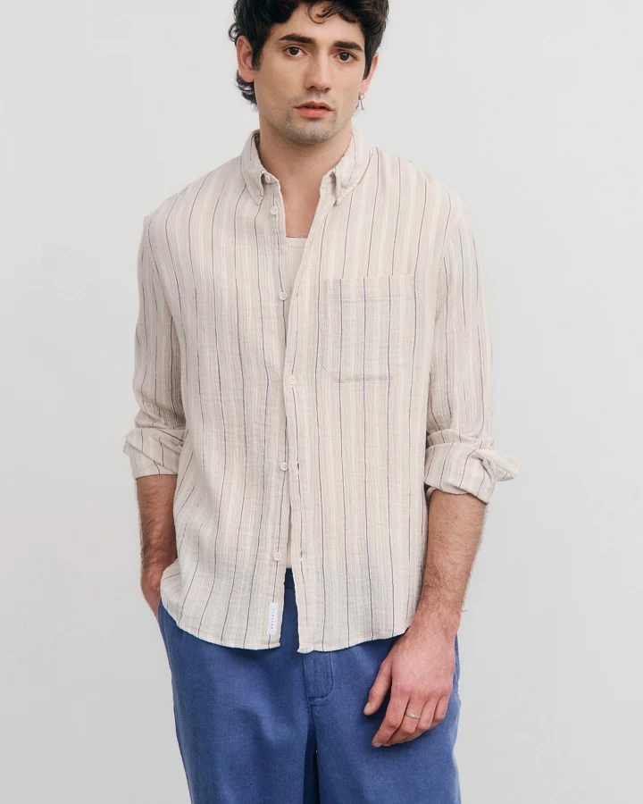 Rotholz Herren vegan Hemd Musselin Beige Gestreift