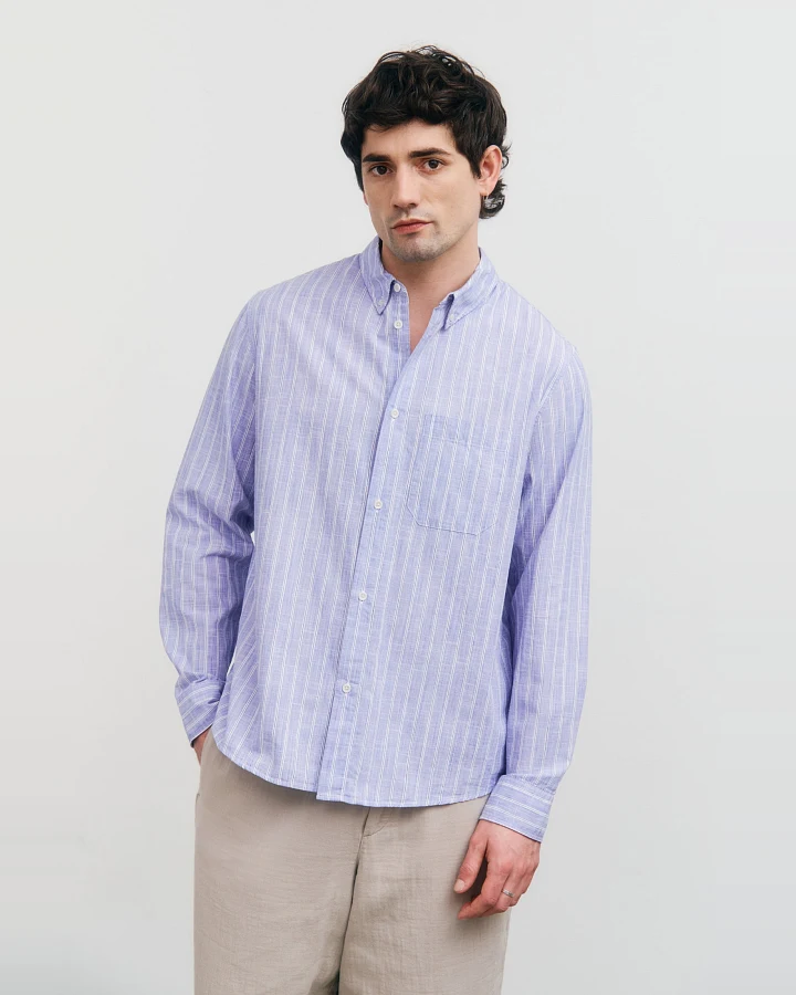 Rotholz Herren vegan Hemd Button Down Blau Gestreift