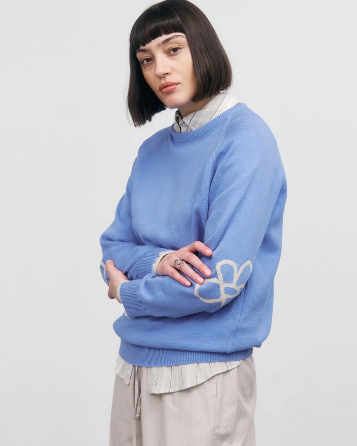 Rotholz Damen vegan Strickpullover Blume Blau
