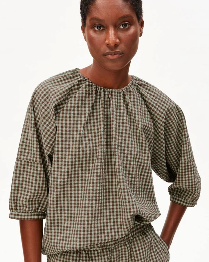 ARMEDANGELS Damen vegan Bluse Vichy Seersucker Braun