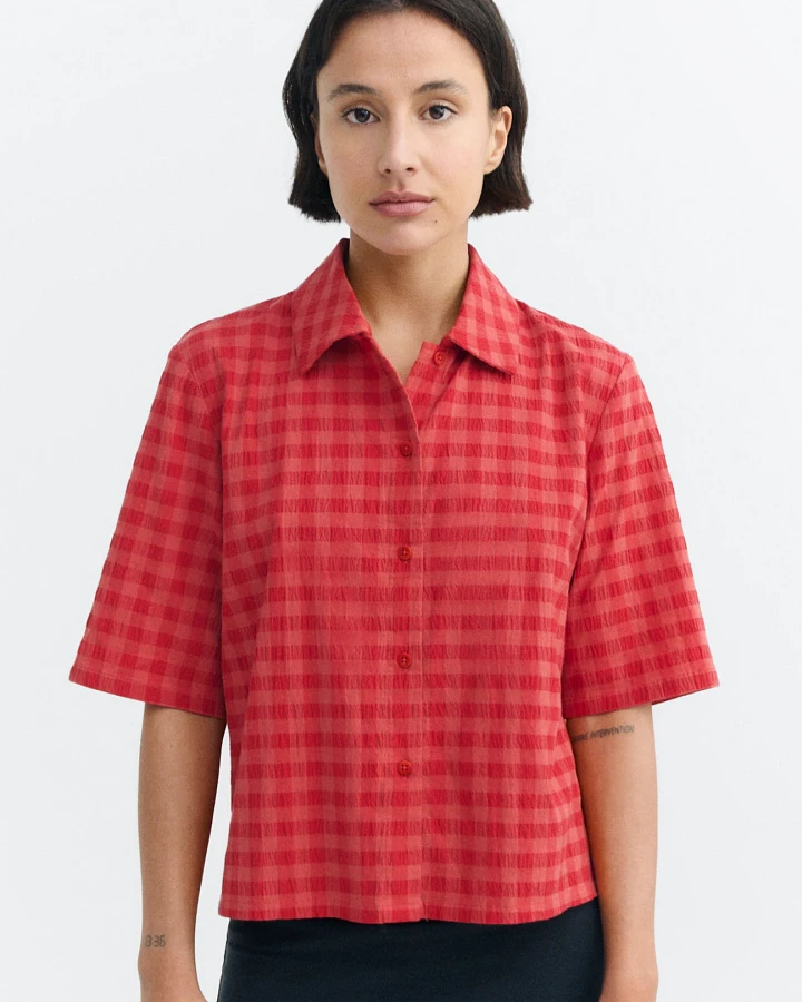 Thinking MU Damen vegan Bluse Seersucker Ane Rot
