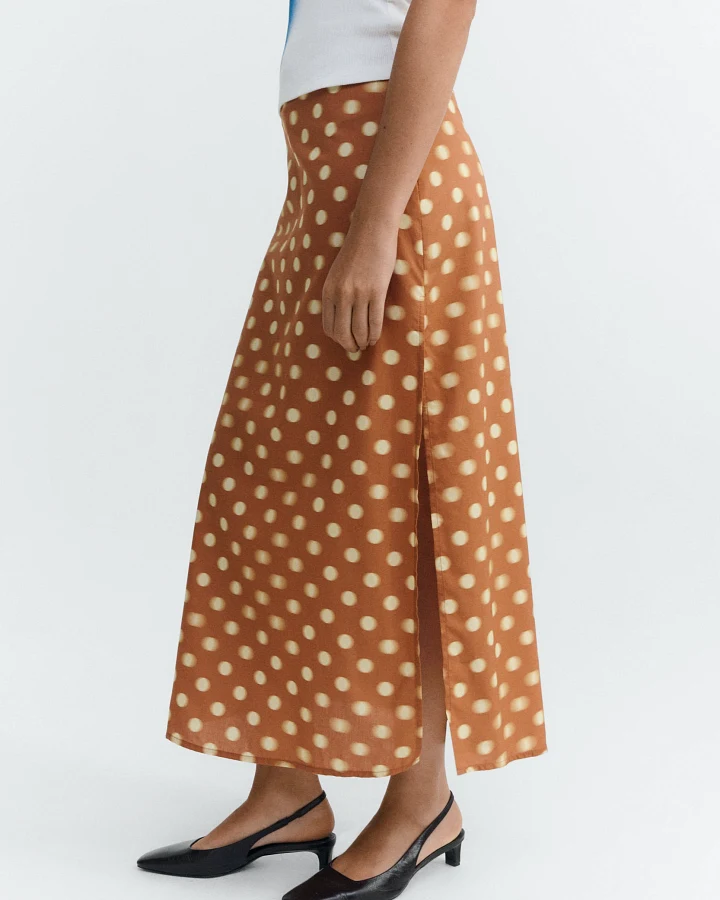 Thinking MU Damen vegan Midirock Kora Braun Polka Dot