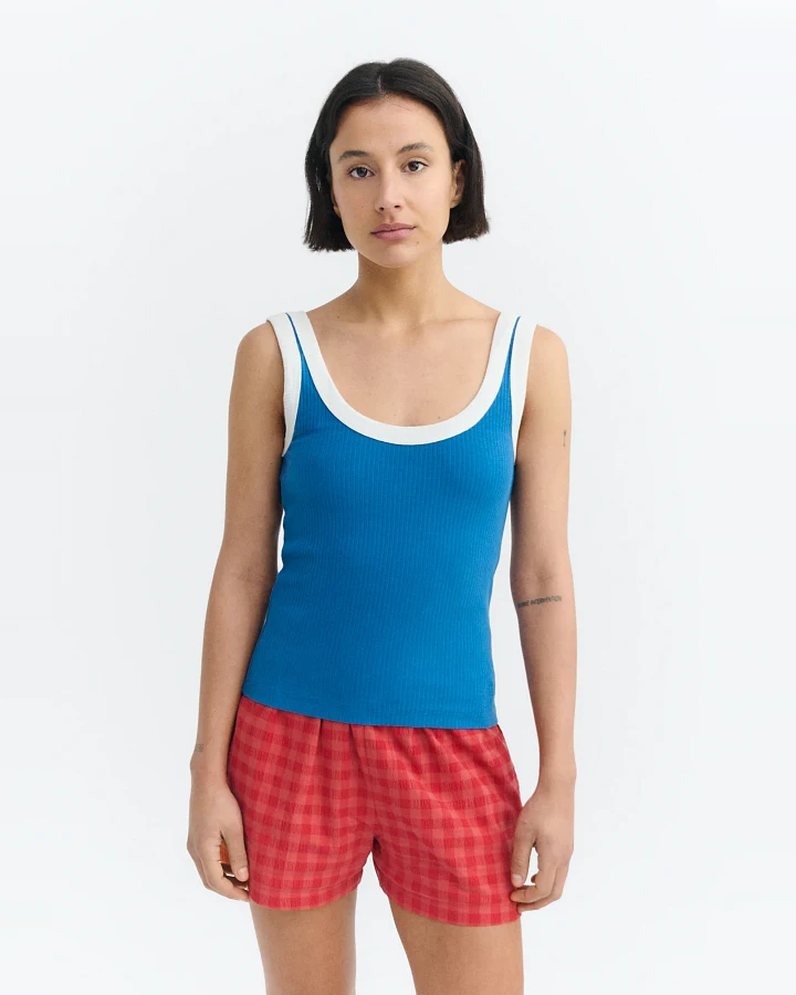 Thinking MU Damen vegan Top Julia Gerippt Blau Weiß Kontrast