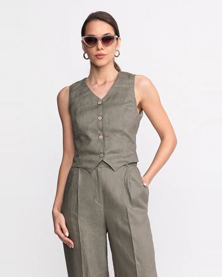 De IONESCU Damen vegan Weste Figa Leinen Khaki
