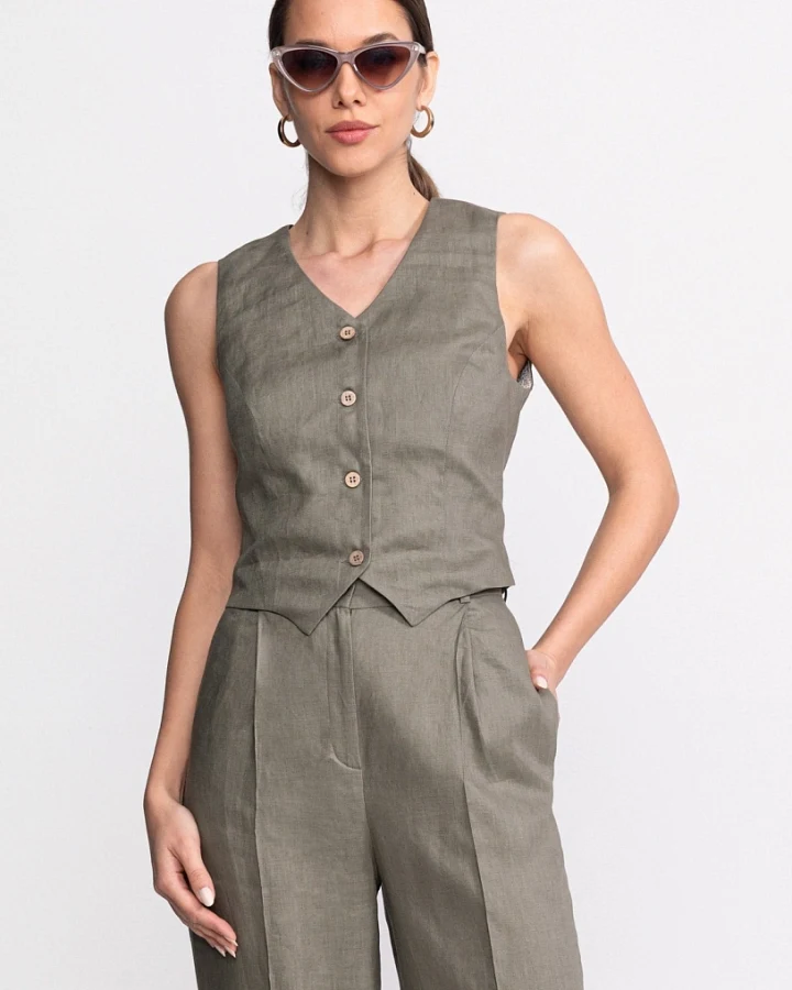 De IONESCU Damen vegan Weste Figa Leinen Khaki