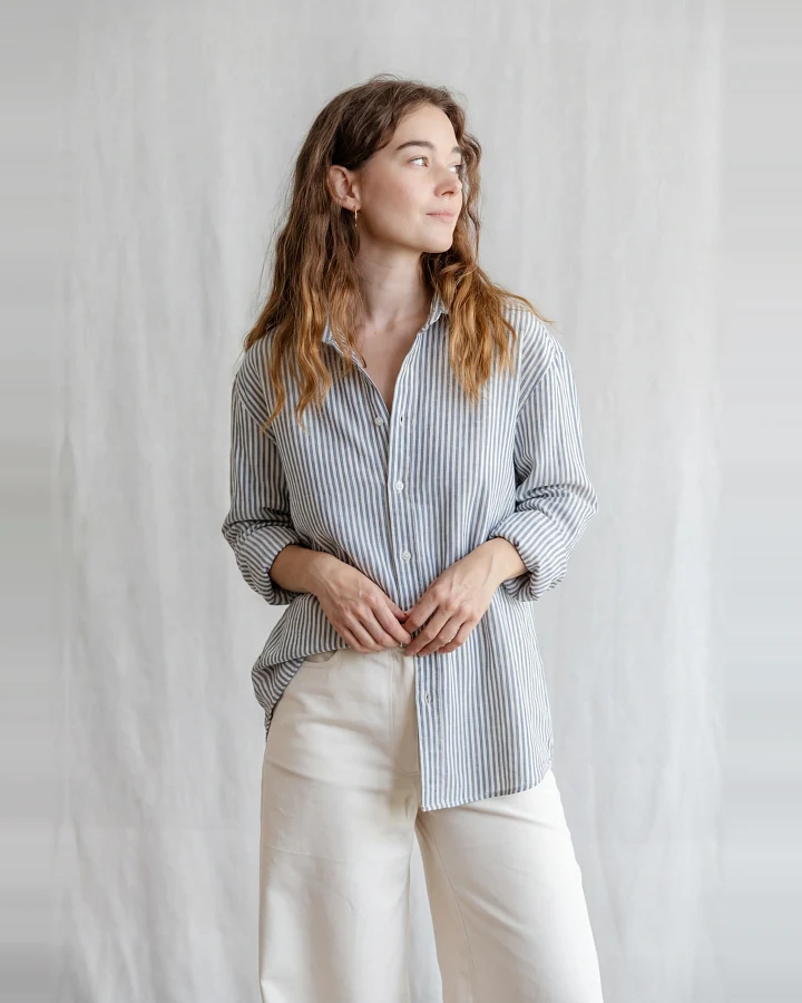 Jyoti Fair Works Damen vegan Hemd Himat Gestreift Blau