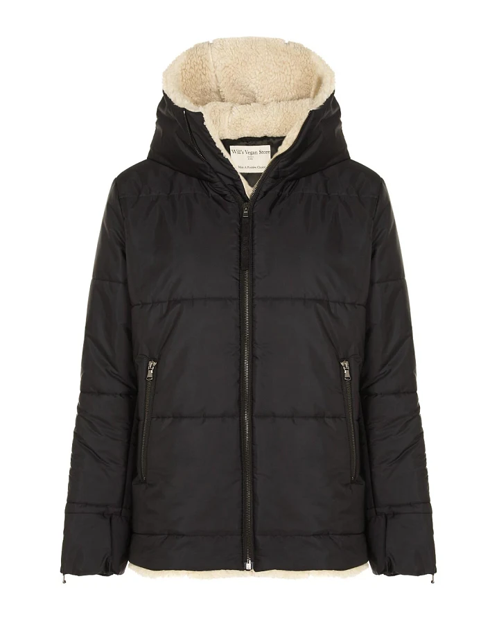 Will's Vegan Store Damen vegan Puffer Veganes Lammfell Schwarz & Creme