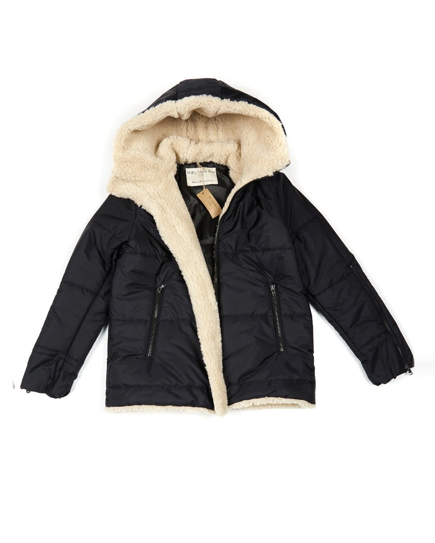 Will's Vegan Store Damen vegan Puffer Veganes Lammfell Schwarz & Creme – Ansicht 2