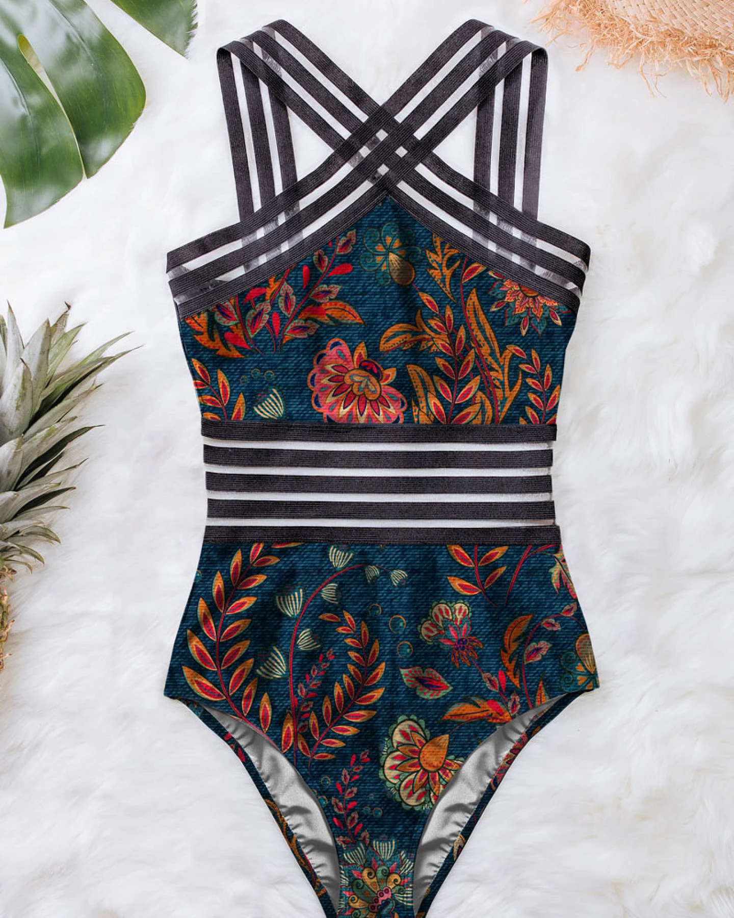 Averie Damen vegan Badeanzug Crossover One-Piece Halley Flowery Print On Cobalt Blue – Ansicht 2