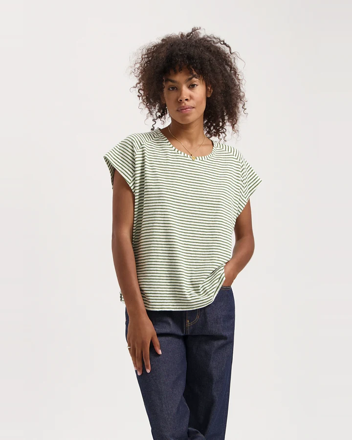 Kuyichi Damen vegan T-Shirt Celine Gestreift Tannengrün & Cremefarben