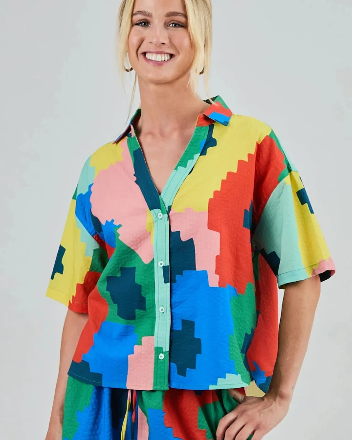 Bluse Maxi Flower Oversize Cropped Blau