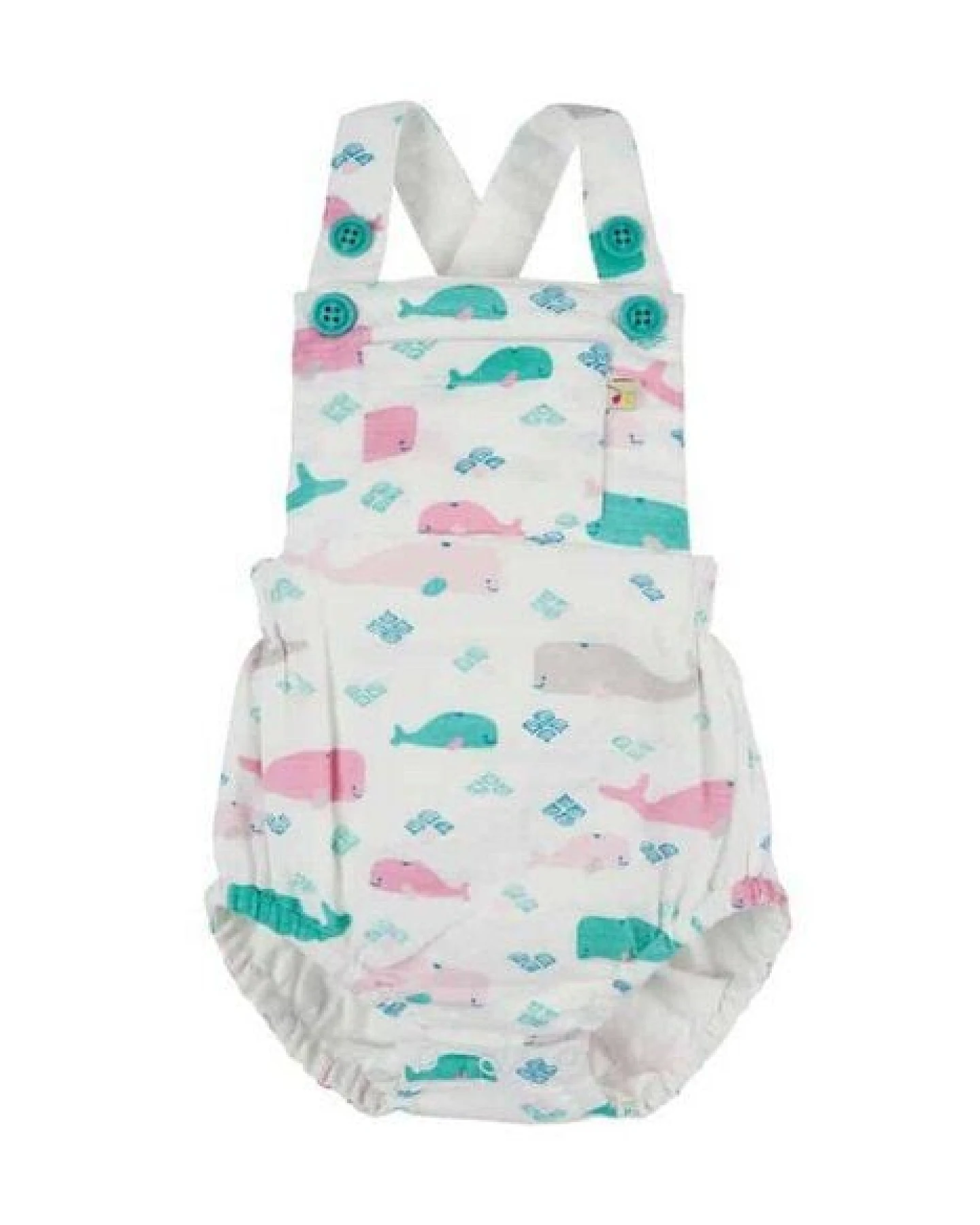 Frugi Sommer-Baby-Latzhose Walfisch-Print in weiss-rosa-türkis – Ansicht 2