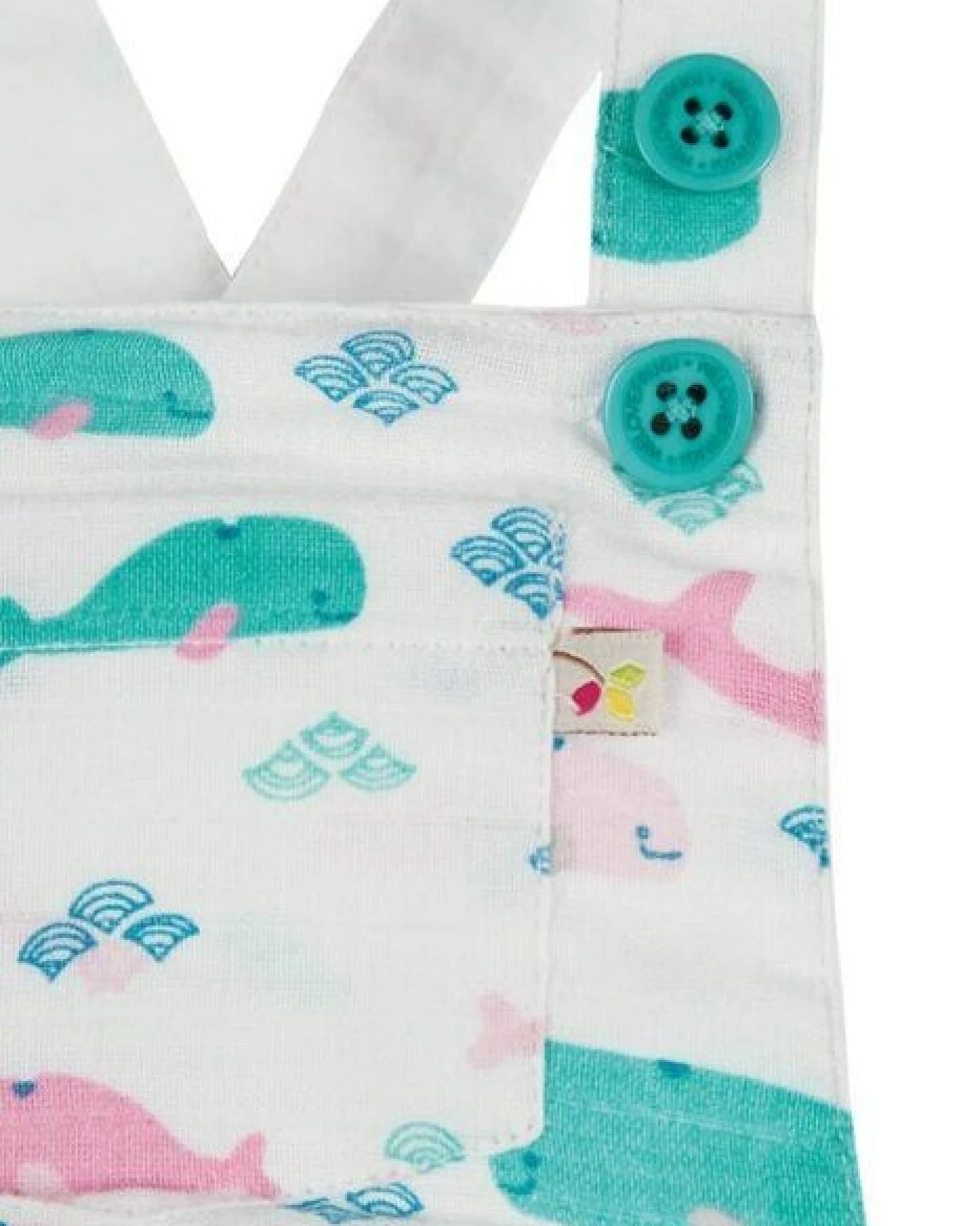 Frugi Sommer-Baby-Latzhose Walfisch-Print in weiss-rosa-türkis – Ansicht 4