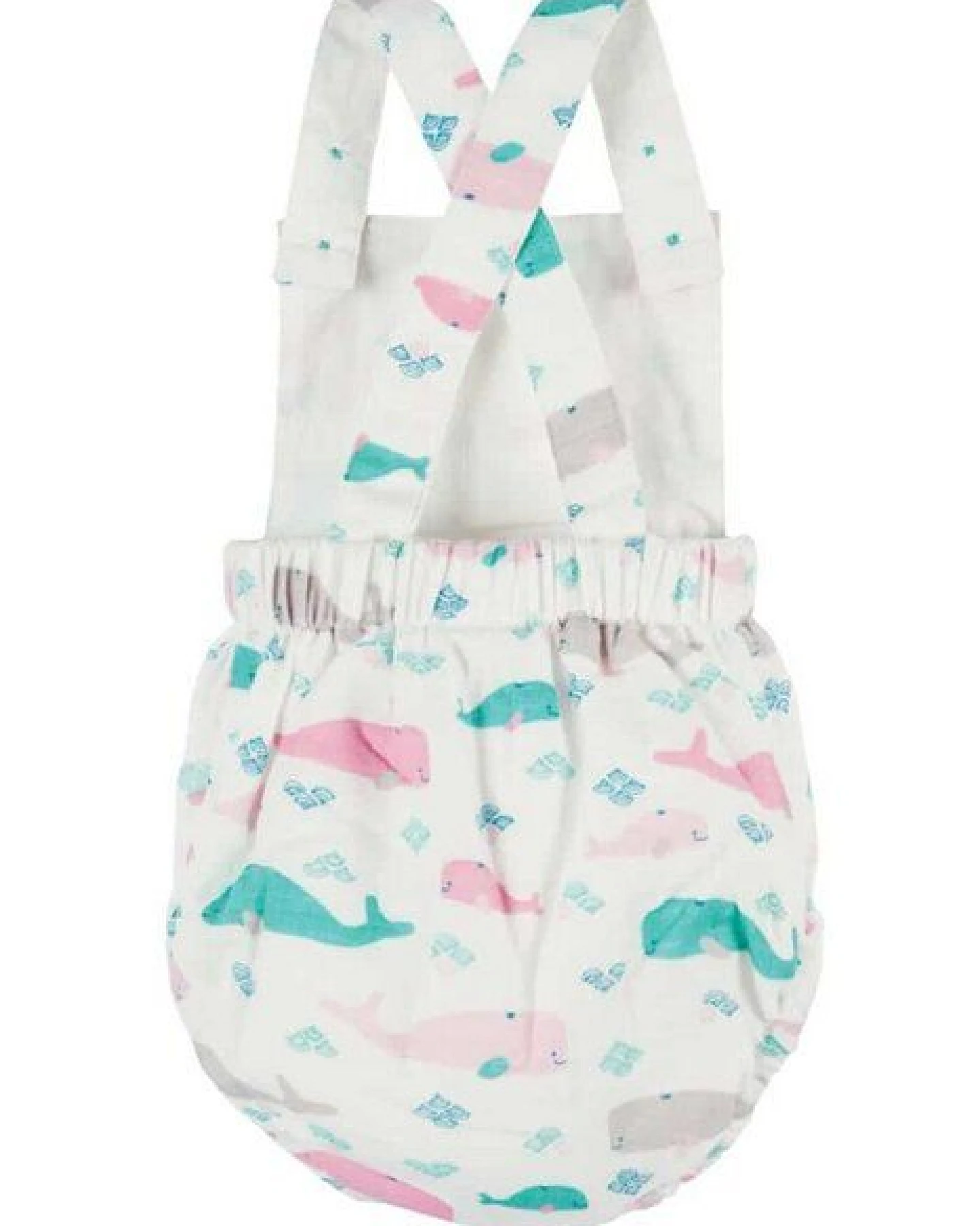 Frugi Sommer-Baby-Latzhose Walfisch-Print in weiss-rosa-türkis – Ansicht 3